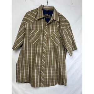 No Fear Men's Size XL Tan/Blue Plaid Pearl Snap Up Short Sleeve Casual Shirt
